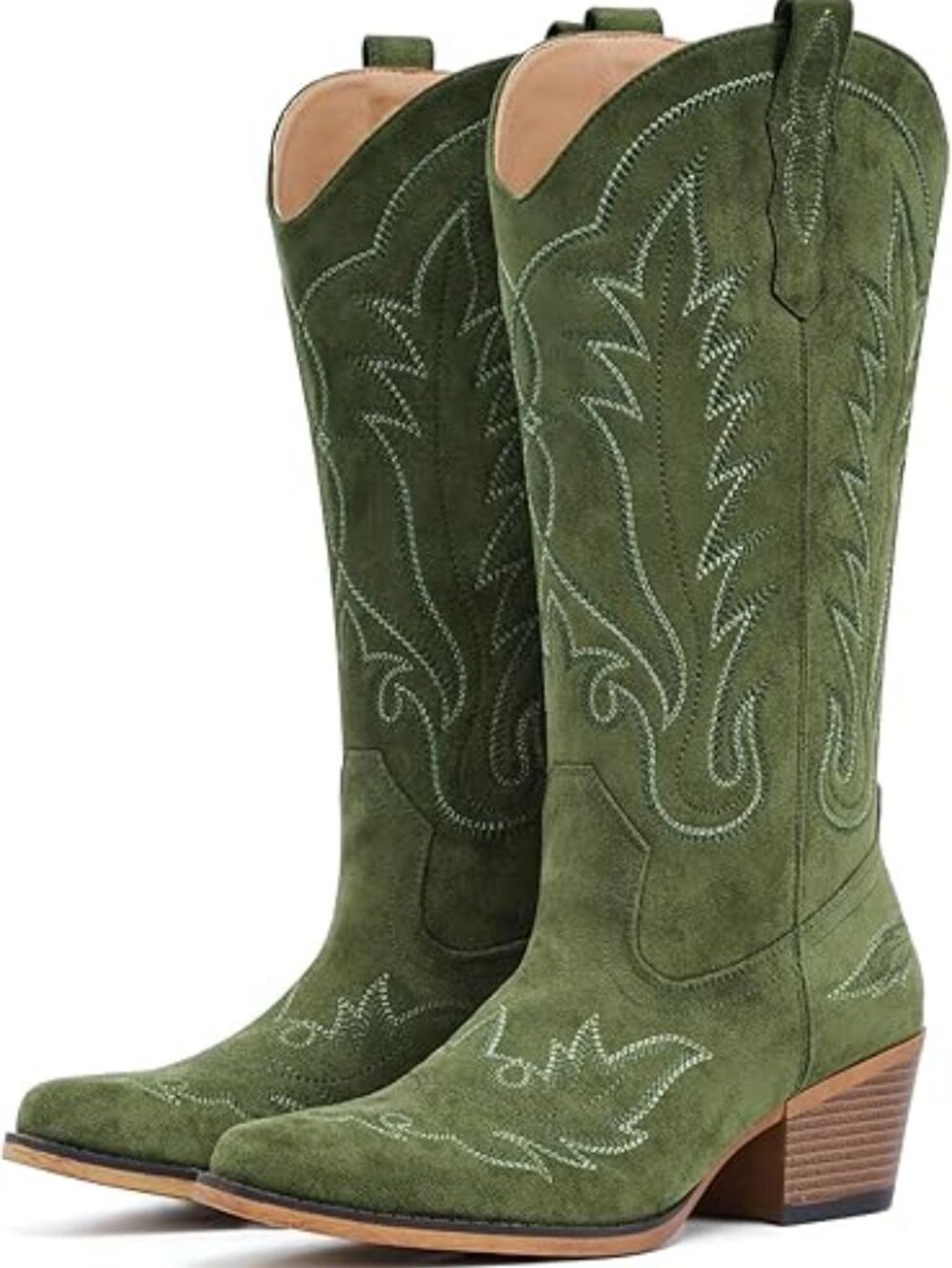 Suede Cowgirl Boots Women Western Mid Calf Embroidered Snip Toe Chunky Heel